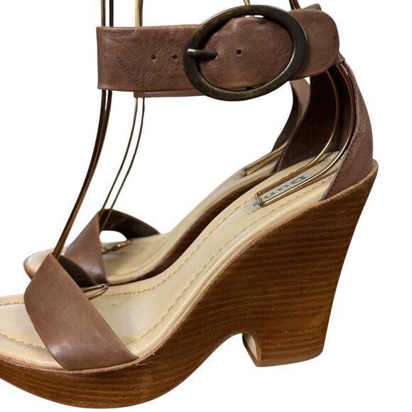 Dune Brown Leather Womens Platform Wedge Ankle Strap Sandals Shoes sz 38 / 8 - Picture 9 of 15